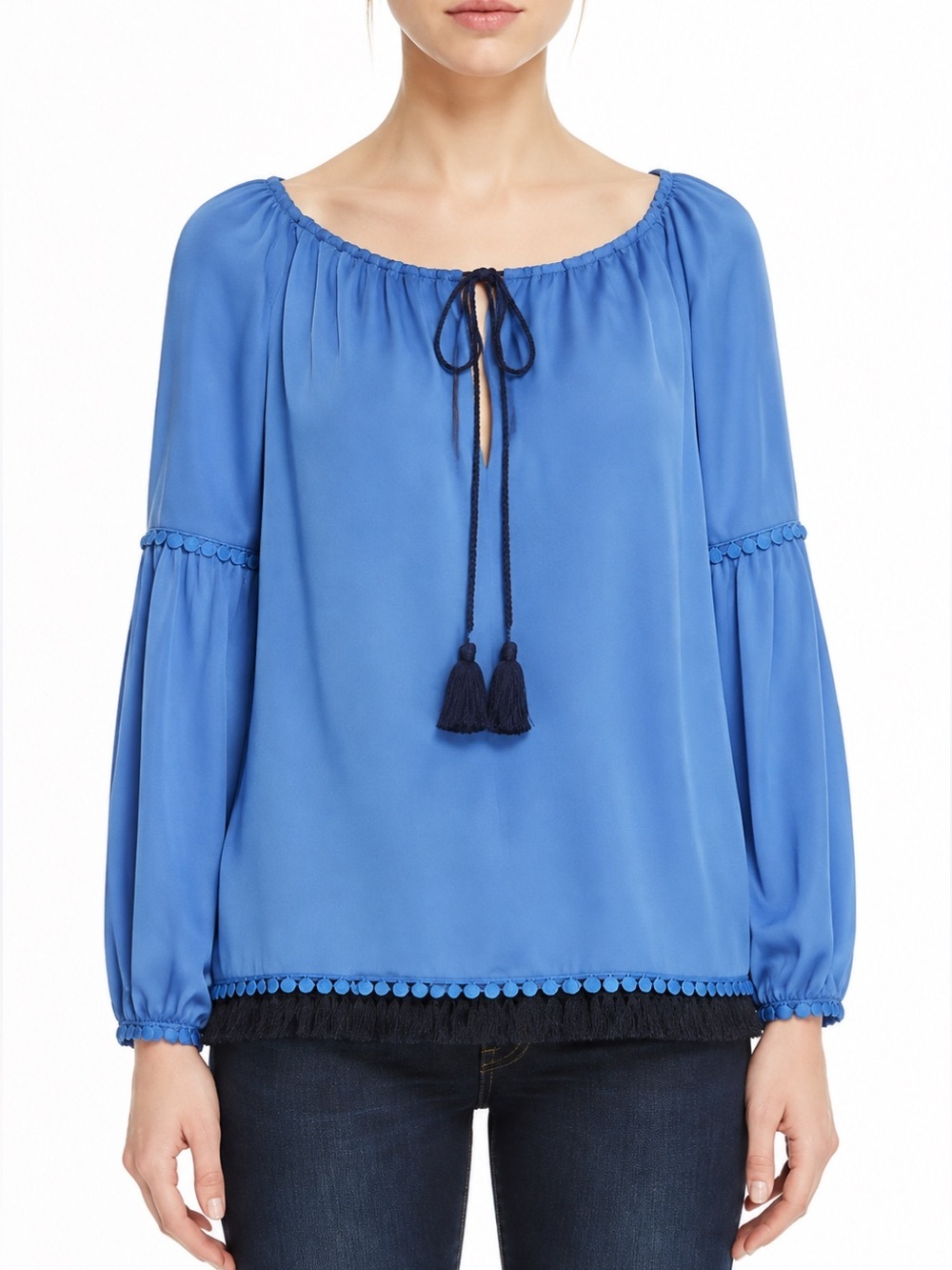 Tory Burch Sylvie 100% Silk Blue Tassel Fringe Peasant Blouse Size 4